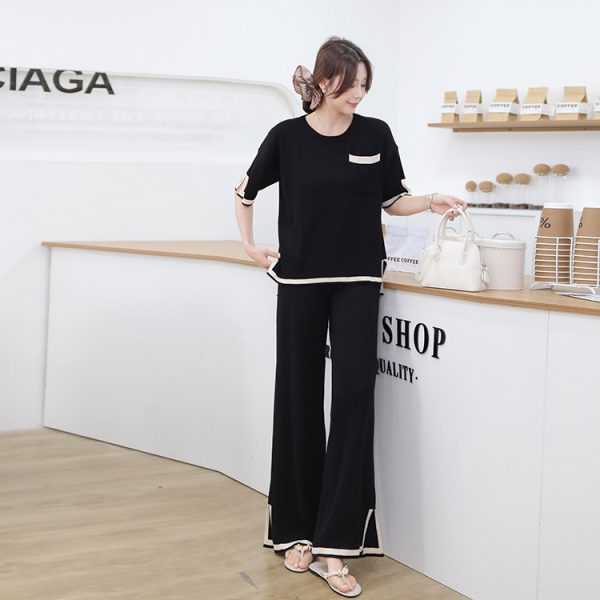 Knitted short sleeve long pants 2pcs set for women